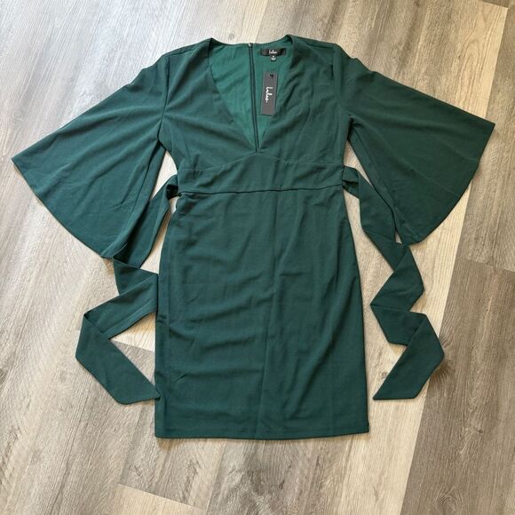 Lulu’s Glimpse Of Glamour Bell Sleeve Dress NEW Forrest Green - Picture 4 of 9